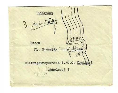 GG 1943 Feldpost Lettre de Dresde à l'inspection des armements Cracovie