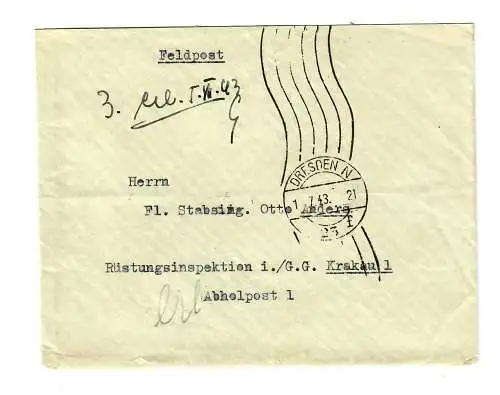 GG 1943 Feldpost Lettre de Dresde à l'inspection des armements Cracovie