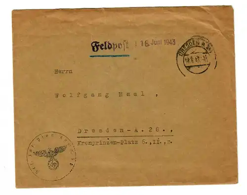 GG 1943 Feldpost Brief Jaroslau Pi. - Kp. 56 nach Dresden, nachgestempelt