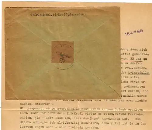 GG 1943 Feldpost Brief Jaroslau Pi. - Kp. 56 nach Dresden, nachgestempelt
