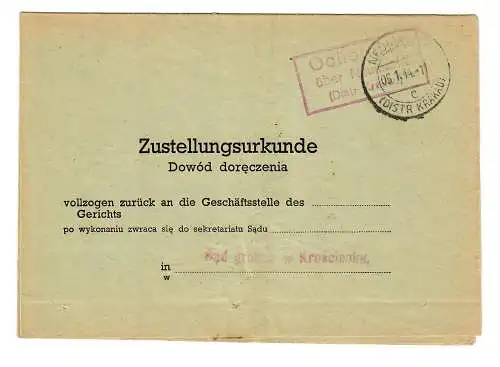 GG 1944: certificat de livraison judiciaire, agence postale Ochotnioc/Neumarkt