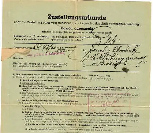 GG 1944: certificat de livraison judiciaire, agence postale Ochotnioc/Neumarkt