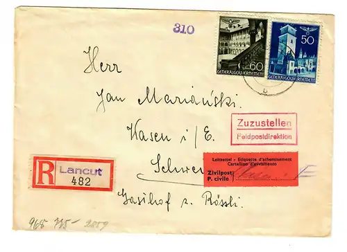 Interniertenpost GG: R-Brief portogerecht nach Wasen von Lancut, 2x Zensur