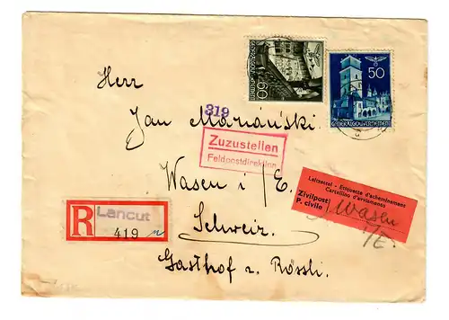 Interniertenpost GG: R-Brief portogerecht nach Wasen von Lancut, 2x Zensur