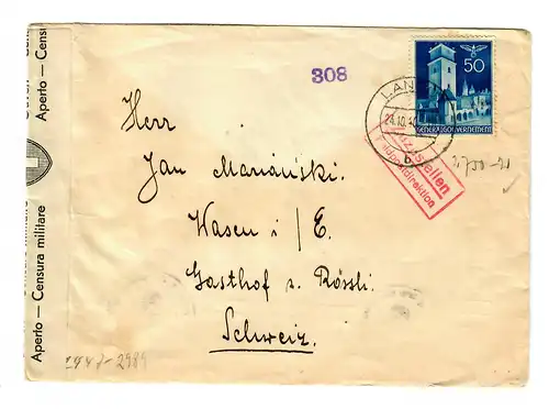 Interniertenpost GG: Brief portogerecht von Lancut nach Wasen, 2x Zensur