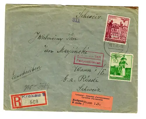 Interniertenpost GG: R-Brief portogerecht von Krakau nach Wasen, 2x Zensur
