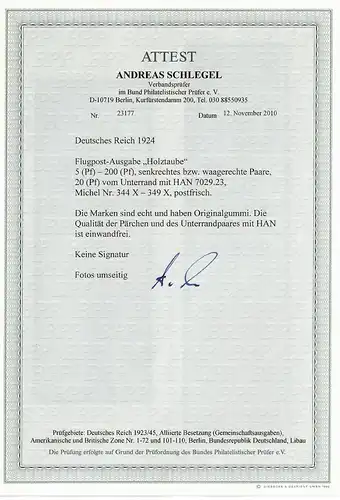 DR: MiNr. 347 - Deutsche Flugpost - Eckrand E4, postfrisch, **, BPP Attest