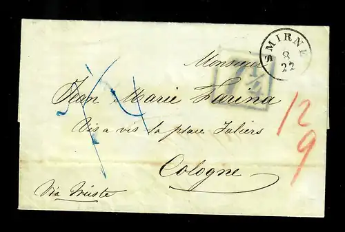 Levante: 1857: Smirne avec notes de taxi à Cologne, tarif à partir du 16.10.1851