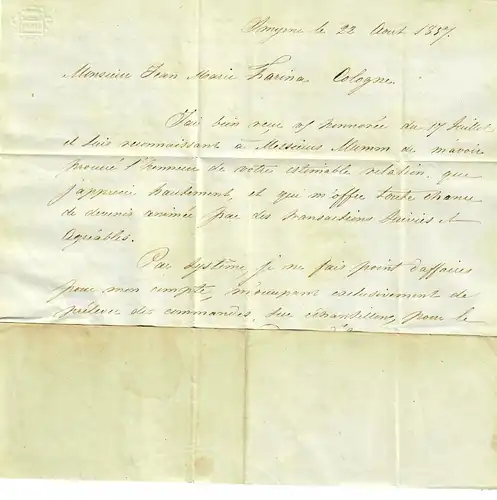 Levante: 1857: Smirne avec notes de taxi à Cologne, tarif à partir du 16.10.1851