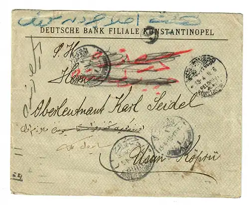 1916 FP MIL MISS Konstantinopel, Deutsche Bank über Kriegsminist. in Usuri-Köprü