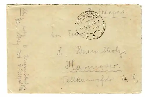 18.8.1918 Lettre du FP de la Mer Morte contenant le contenu sur le PF-Office 372 I Damas-Hannover