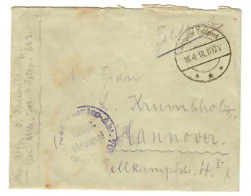 18.4.1918: FP-Brief von Nazareth mit Inhalt über FP-Amt 663 nach Hannover