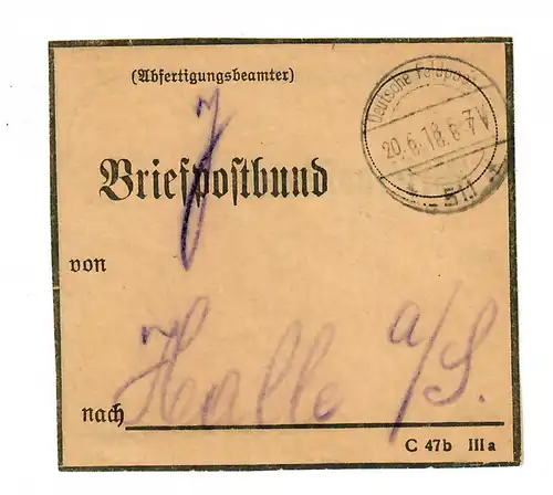 1918: Deutsche Feldpost 511 auf Briefpostbund nach Halle/Saale, interessant