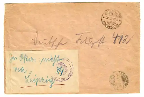 1918 Konstantinopel Feldpost MIL MISS auf Wendeumschlag mit Leitvermerk FP 412