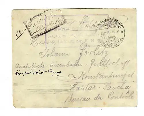 1916: Konstantinopel FP MIL MISS an Bruder in Haidar Pascha, türkische Zensur