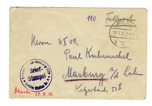 1918 FP-Brief von der Auto Station 4, Leichte Funkerstation, mit 3 Sternen. Gaza