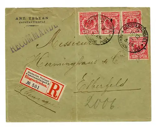 1889/94: 10 Pfg Krone/Adler 4x als Mitläufer, R-Brief Constantinopel-Elberfeld