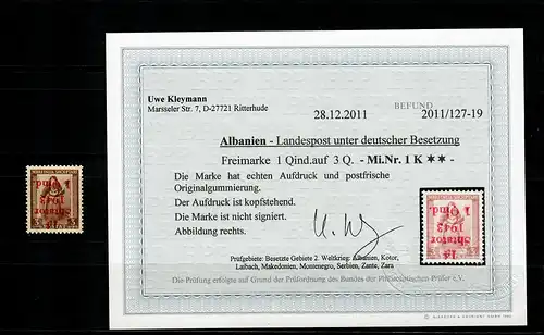 Albanien MiNr. 1 K, Aufdruck kopfstehend, **, postfrisch,  BPP Befund