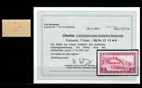 Albanien MiNr. 12 VI, Plattenfehler, **, postfrisch,  BPP Befund