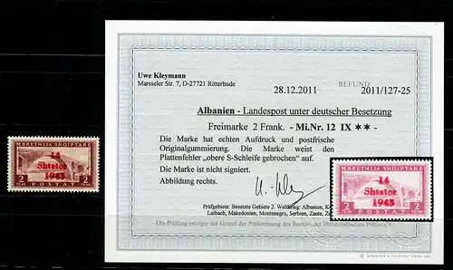 Albanie Min. 12 IX, erreur de plaque, **, post-frais, BPP résultats