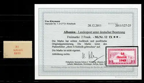 Albanien MiNr. 12 IX, Plattenfehler, **, postfrisch,  BPP Befund