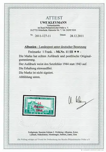 Albanien MiNr. 11 III, Setzfehler, **, postfrisch,  BPP Attest