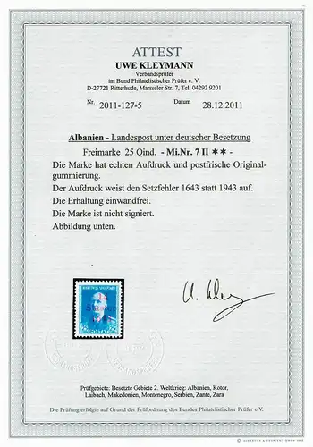 Albanien MiNr. 7 II, Setzfehler, **, postfrisch,  BPP Attest