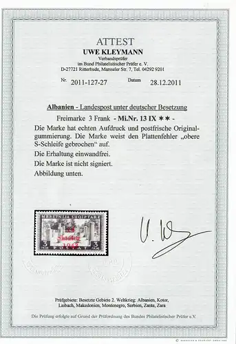 Albanien MiNr. 13 IX, Plattenfehler, **, postfrisch,  BPP Attest