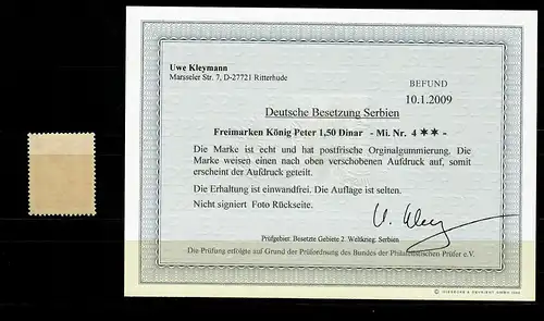Serbien MiNr. 4, Aufdruck verschoben, postfrisch,**  BPP Befund