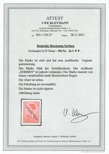 Serbien MiNr. 2a I, seltene Abart, postfrisch,**  BPP Attest