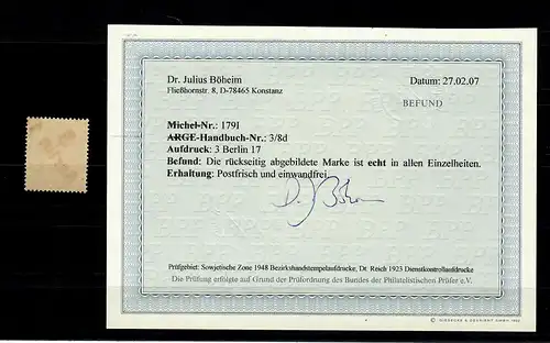 Berlin Min. 179 I, frais, **, impression 3 Berlin 17, BPP résultat