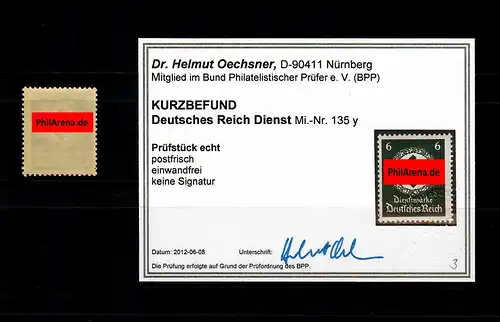 DR: Dienst MiNr. 135 y, postfrisch, **, BPP Befund