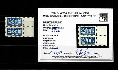 Notopfermarke MiNr. 2 DZ, postfrisch, **, BPP Attest