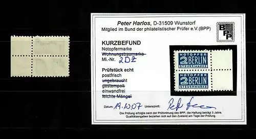 Notopfermarke MiNr. 2 DZ, postfrisch, **, BPP Attest
