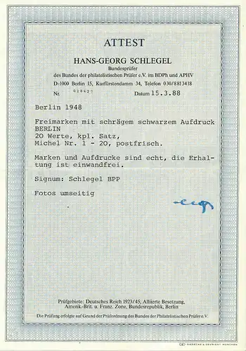 Berlin: MiNr. 1-20, **, postfrisch, teils mit Randstücken,  BPP Attest