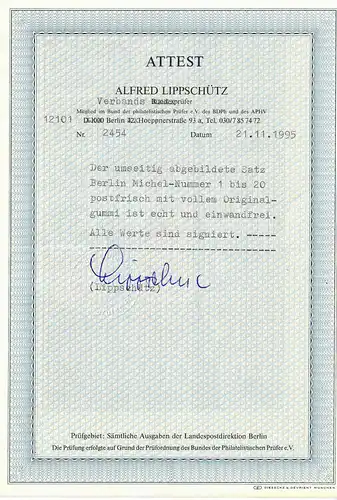 Berlin: MiNr. 1-20, **, postfrisch,  BPP Attest
