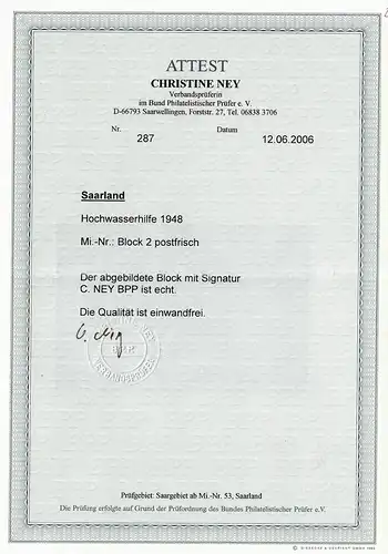 Saar: MiNr. Block 2, postfrisch, **, BPP Attest