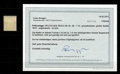 DR: MiNr. 26, farbfrisch, Oberrand sehr gute Zähnung, postfrisch, **, BPP Befund