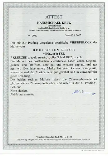 DR: MiNr. 26, Viererblock, farbfrisch, mit FZL ou6, postfrisch, **, BPP Attest