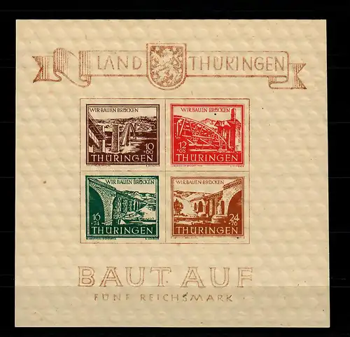SBZ: Thuringe MiNr. Block 4 ay I/I, post-freich, **, BPP Attest