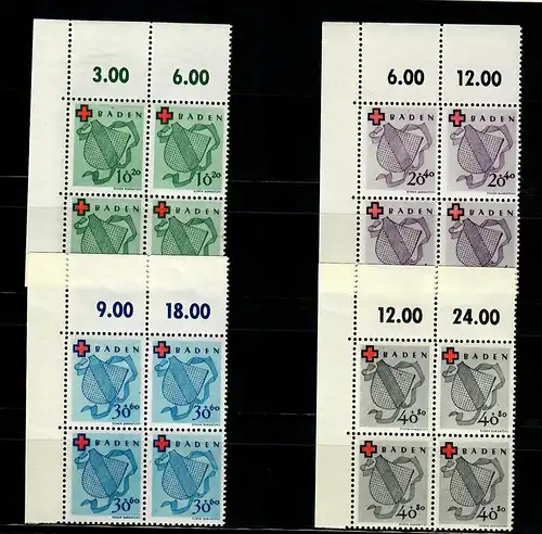 Zone Baden: MiNr. 43-45A, Eckrand Viererblock VE1, postfrisch, **