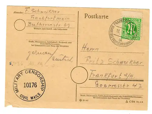 Carte postale locale Francfort/M 13.7.45, Military Censor Mi Nr. 3