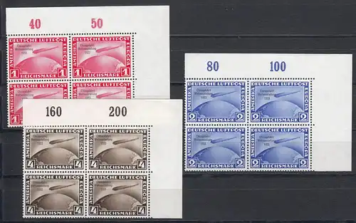 III. Reich: Chicago Fahrt MiNr. 496-498 im ECKRAND Viererblock