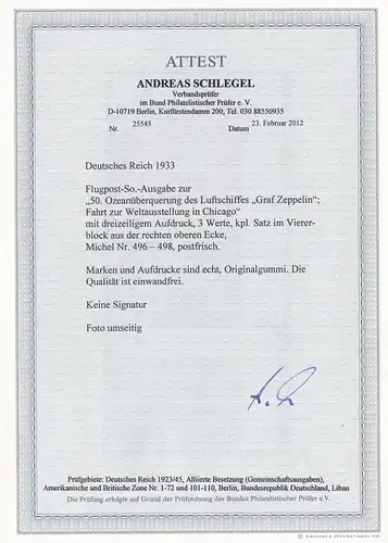 III. Reich: Chicago Fahrt MiNr. 496-498 im ECKRAND Viererblock