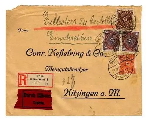 Einschreiben Eilboten Berlin/Wilmersdorf nach Kitzingen 1922