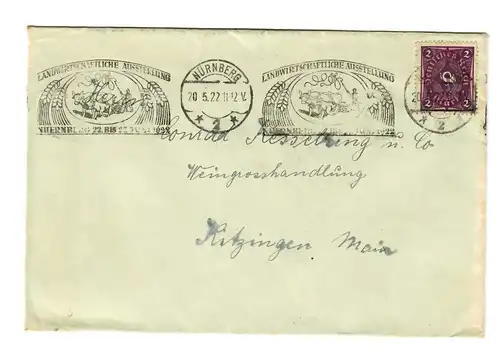 Brief 1922 Nürnberg, Landwirtschaftliche Ausstellung, an Weinhandlung Kitzingen