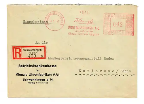 Einschreiben Schwenningen/N, Kienzle Uhrenfabrik nach Karlsruhe 1943