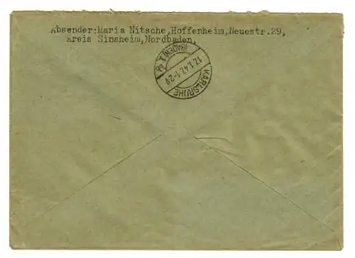 Einschreiben Hoffenheim/Sennsheim/Baden nach Karlsruhe 1947