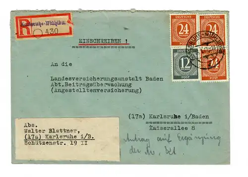Einschreiben Karlsruhe Mühlburg nach Karlsruhe 1947