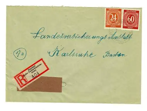 Einschreiben Zimmern/Taberbischofsheim nach Karlsruhe 1947 